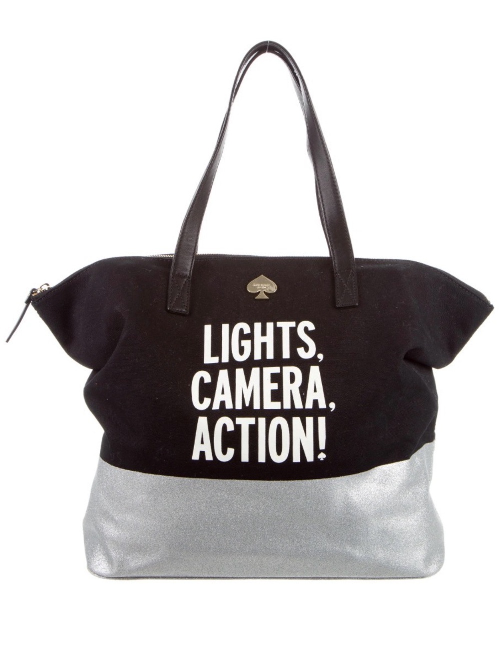 Kate Spade "Lights, Camera, Action!" Canvas and Glitter Tote Bag Silver Black